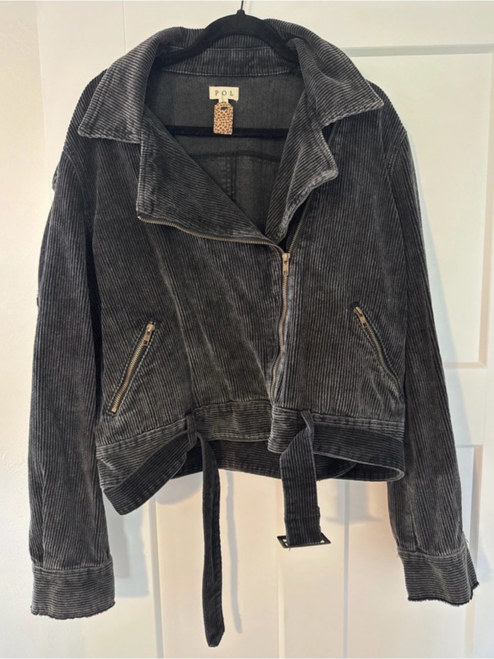 POL Charcoal Corduroy Belted Moto Jacket
